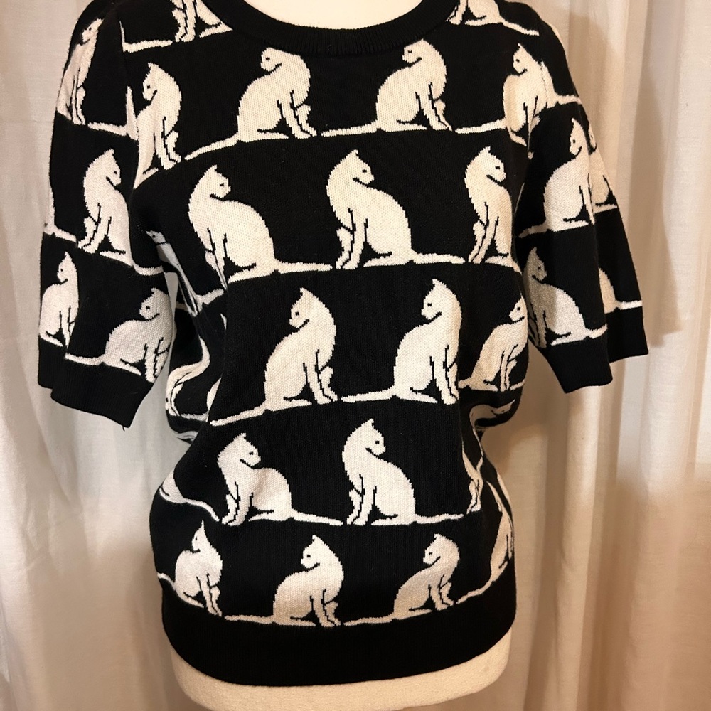 Anthropology Maeve Cat Sweater Top S Black White Kitty Knit NWT